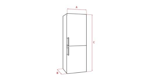 Schemat lodówki z oznaczeniami wymiarów A, B i C. Lodówka ma dwa uchwyty i jest podzielona na dwie części.