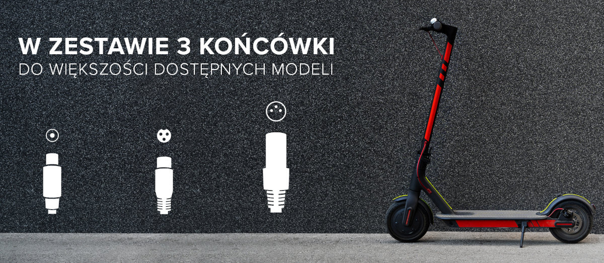 Obraz przedstawia hulajnogę na tle szarej ściany oraz trzy różne końcówki ładowarki. Tekst na obrazie: \'W ZESTAWIE 3 KOŃCÓWKI DO WIĘKSZOŚCI DOSTĘPNYCH MODELI\'.