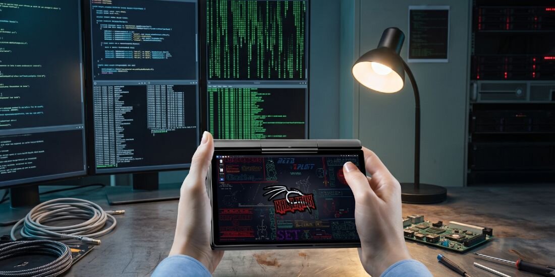 Osoba trzyma laptop z wyświetlonym ekranem, na którym widoczna jest grafika z napisem \'Black Hat\'. W tle znajdują się monitory z wyświetlonym kodem oraz biurko z lampką i narzędziami.