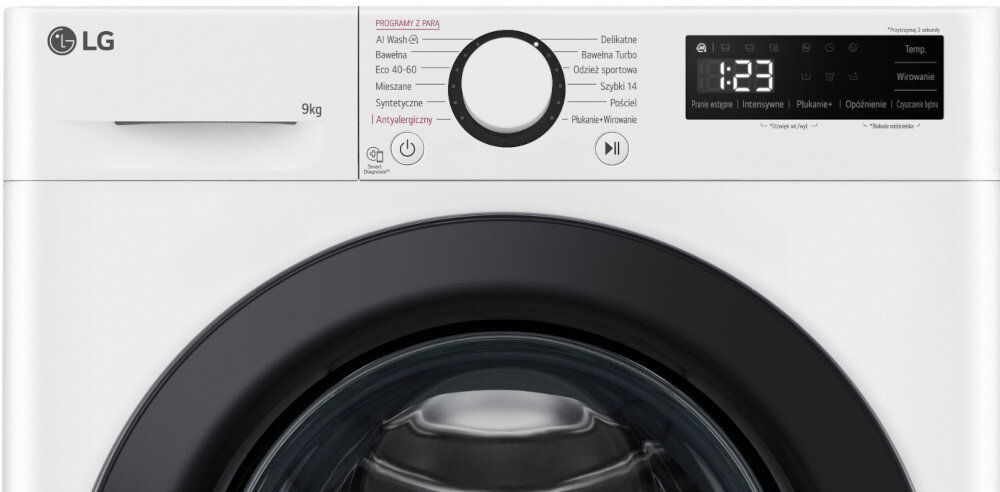 Pralka LG z panelem sterowania zawierającym pokrętło wyboru programów oraz wyświetlacz cyfrowy pokazujący czas 1:23. Widoczne są programy takie jak \'AI Wash\', \'Bawełna\', \'Delikatne\' oraz przyciski \'Start/Pauza\'.