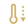Ikona przedstawia termometr z obniżającą się temperaturą, oznaczony strzałką skierowaną w dół. Kolor ikony to złoty na przezroczystym tle.