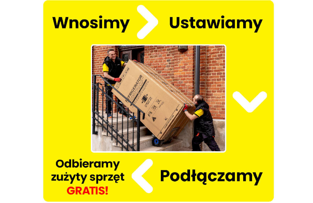 Dwóch mężczyzn wnosi karton z napisem \'REFRIGERATOR\' po schodach. Na żółtym tle wokół zdjęcia widnieją napisy: \'Wnosimy\', \'Ustawiamy\', \'Podłączamy\', \'Odbieramy zużyty sprzęt GRATIS!\'.