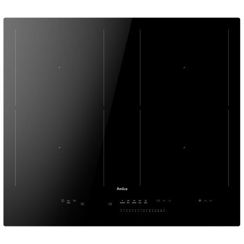 Czarna płyta indukcyjna z czterema strefami grzewczymi i dotykowym panelem sterowania. Na środku widoczne jest logo \'Amica\'.
