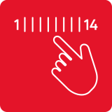 Czerwona ikona z białym symbolem dłoni wskazującej na skalę od 1 do 14.