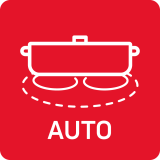 Czerwony kwadratowy znak z białą ikoną garnka na dwóch palnikach i napisem \'AUTO\'.