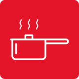 Czerwona ikona z białym symbolem garnka z uchwytem, z którego unoszą się trzy linie symbolizujące parę.