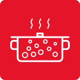 Czerwona ikona przedstawiająca biały garnek z pokrywką, z którego unoszą się trzy linie symbolizujące parę. W garnku widoczne są bąbelki, co sugeruje gotowanie.