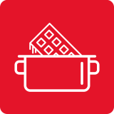 Czerwona ikona przedstawiająca garnek z umieszczoną w nim tabliczką czekolady w białym kolorze.