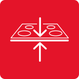 Czerwony kwadrat z białym symbolem płyty grzewczej i strzałkami wskazującymi w dół i w górę.