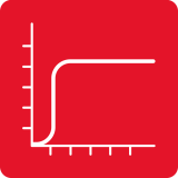 Czerwony kwadrat z białym wykresem przedstawiającym linię w kształcie litery \'L\'.