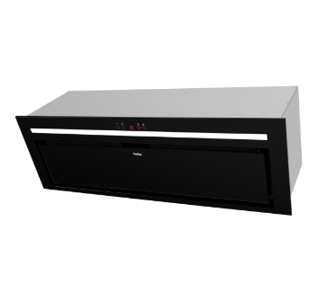 Czarny okap kuchenny z panelem sterowania dotykowego i logo Amica na przedniej części. Urządzenie ma prostokątny kształt i srebrne wykończenie na górze.