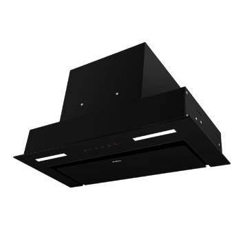 Czarny okap kuchenny z prostokątnym panelem i dwoma podłużnymi światłami LED. Na panelu widoczne jest logo \'Amica\'.