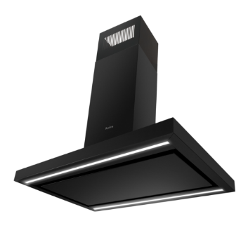 Czarny okap kuchenny z prostokątnym kominem i podświetleniem LED na dolnej krawędzi. Na kominie widoczne jest logo \'Amica\'.