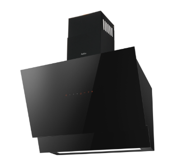 Czarny, nowoczesny okap kuchenny z widocznym logo \'Amica\' na górnej części. Posiada szklany panel z czerwonymi oznaczeniami i prostokątną konstrukcję.