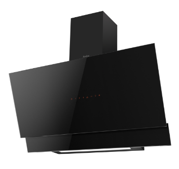 Czarny okap kuchenny z logo \'Amica\' na górnej części. Posiada nowoczesny, minimalistyczny design z prostokątnym panelem.