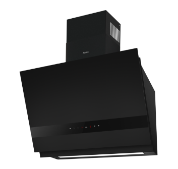 Czarny okap kuchenny z logo \'Amica\' na przednim panelu. Posiada dotykowy panel sterowania z kilkoma ikonami i wskaźnikami świetlnymi.