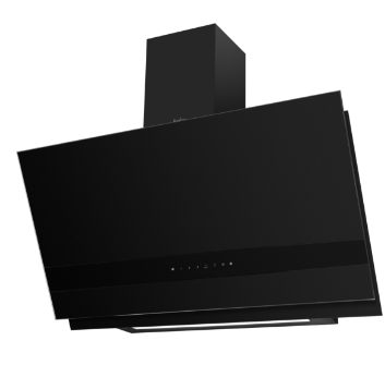 Czarny okap kuchenny o nowoczesnym designie z prostokątnym panelem i widocznym logo \'Amica\'.