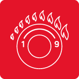 Czerwony kwadrat z białym symbolem pokrętła gazowego, otoczonym płomieniami i oznaczeniami liczbowymi 1 i 9.