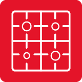 Ikona przedstawia schematyczny rysunek płyty gazowej z czterema palnikami na czerwonym tle.