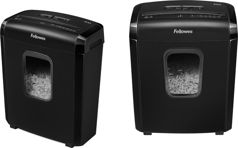 Dwa czarne niszczarki z widocznym logo \'Fellowes\' na górnej części, z przezroczystym okienkiem pokazującym pocięty papier wewnątrz.