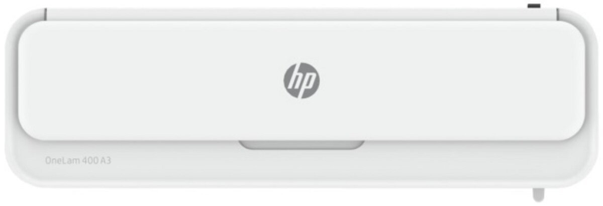 Biały laminator z widocznym logo \'hp\' na górnej części obudowy. Na urządzeniu znajduje się napis \'OneLam 400 A3\'.