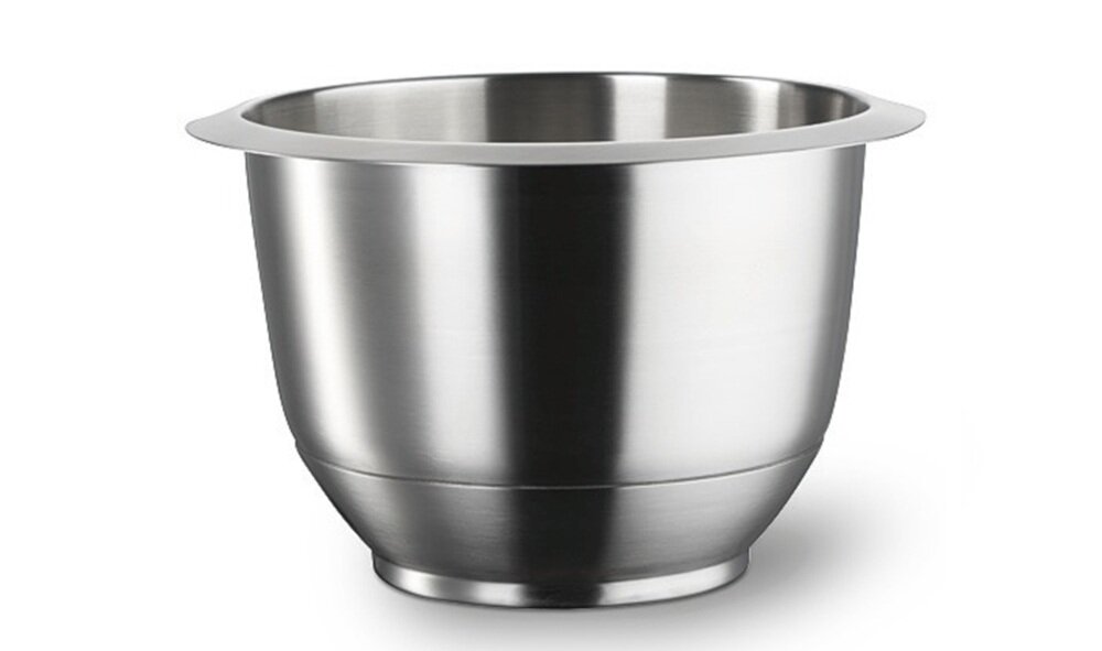 Metalowa misa o gładkiej powierzchni, wykonana ze stali nierdzewnej. Misa ma szeroki rant u góry i zwężający się dół.