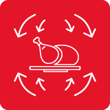 Czerwony kwadrat z białą ikoną przedstawiającą kawałek mięsa na talerzu, otoczony strzałkami wskazującymi cyrkulację powietrza.