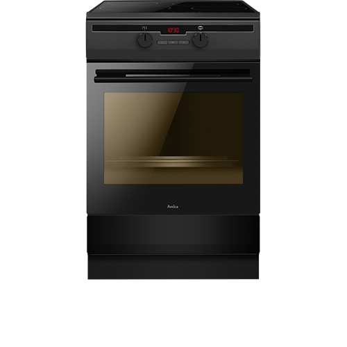 Czarna kuchnia wolnostojąca z piekarnikiem i płytą grzewczą, z widocznym logo \'Amica\' na froncie. Na panelu sterowania znajdują się dwa pokrętła i wyświetlacz cyfrowy.