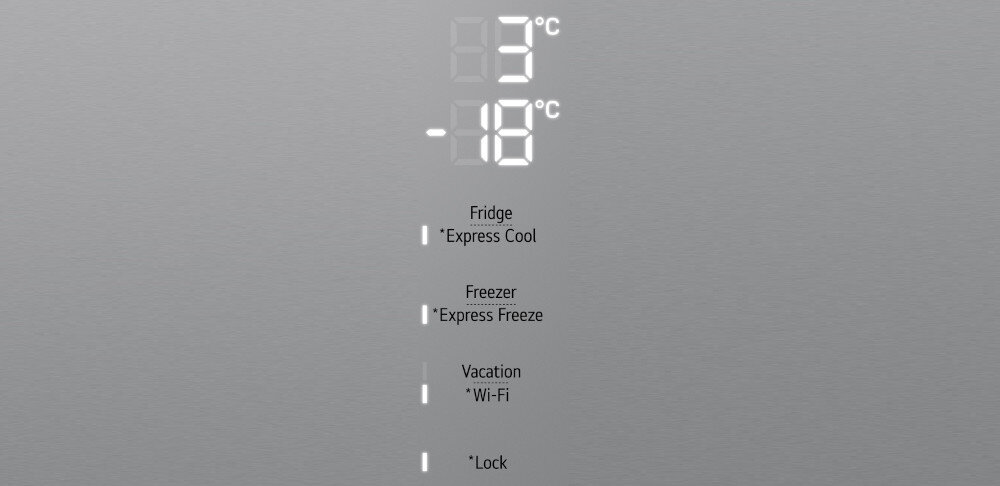 Panel sterowania lodówki z wyświetlaczem temperatury: 3°C dla chłodziarki i -18°C dla zamrażarki. Widoczne opcje: Fridge \'Express Cool\', Freezer \'Express Freeze\', Vacation, Wi-Fi, \'Lock\'.