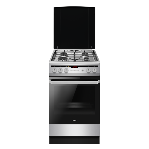 Kuchnia gazowa z czterema palnikami i piekarnikiem, posiada pokrętła do regulacji oraz wyświetlacz cyfrowy. Na drzwiach piekarnika widoczne jest logo \'Amica\'.