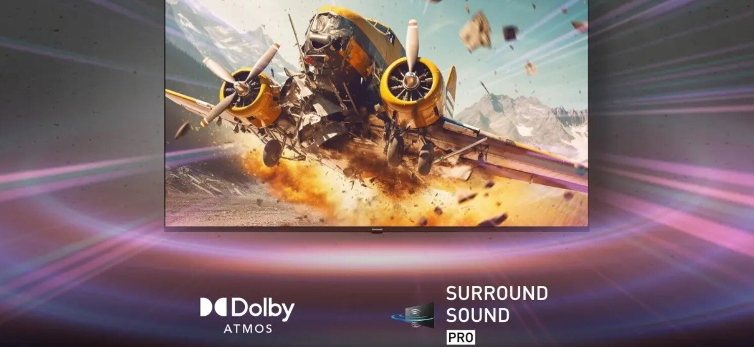 Telewizor PANASONIC TV-65W85BEZ Surround Sound Pro Dolby Atmos wciągający dźwięk, telewizor od forntu z wyświetlanym filmem