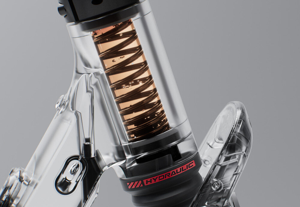 Hulajnoga elektryczna SEGWAY Ninebot F3 Pro D 70km 1200W Amortyzacja 10 cali Czarny szare tło zbliżenie na zawieszenie widoczne sprężyny przednie zawieszenie hydrauliczne tylne elastomerowe skutecznie tłumi wstrząsy