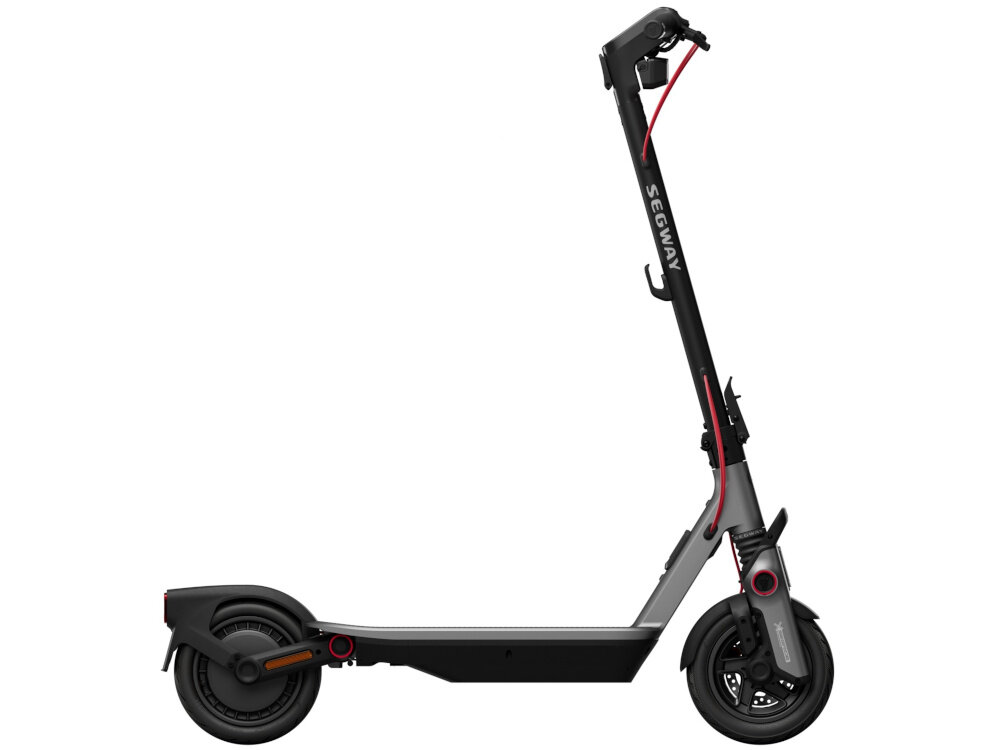 Hulajnoga elektryczna SEGWAY Ninebot F3 Pro D 70km 1200W Amortyzacja 10 cali Czarny hulajnoga na białym tle widoczna z boku składana konstrukcja łatwy transport prosty system składania waga 19,3 kg