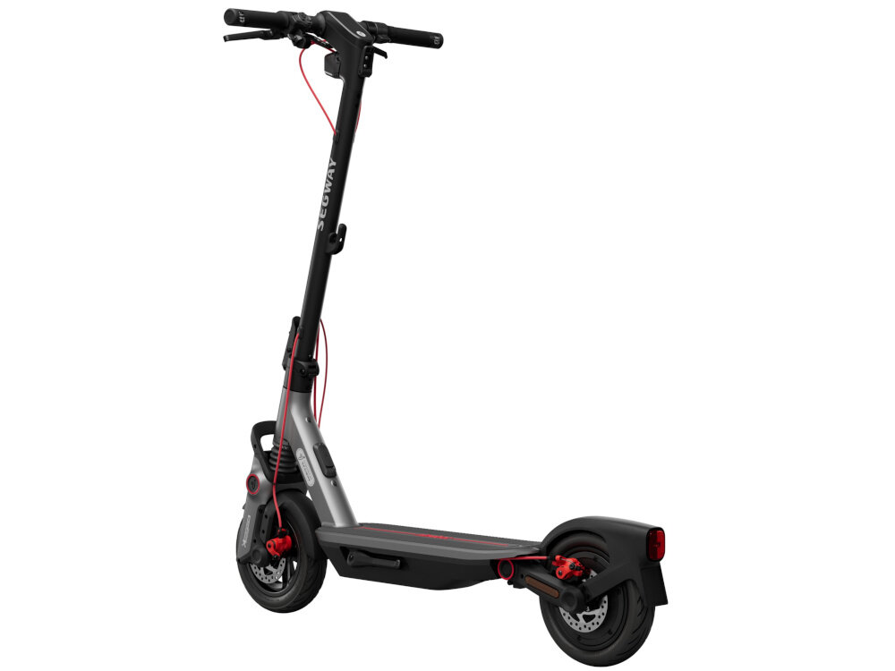 Hulajnoga elektryczna SEGWAY Ninebot F3 Pro D 70km 1200W Amortyzacja 10 cali Czarny hulajnoga na białym tle widoczna od tyłu pod skosem system SegRide™ Stability Enhancement System wspiera kontrolę podczas jazdy przy dużych prędkościach ostrych zakrętach na śliskich nawierzchniach równowaga między zwrotnością a stabilnością jazda pewna i komfortowa