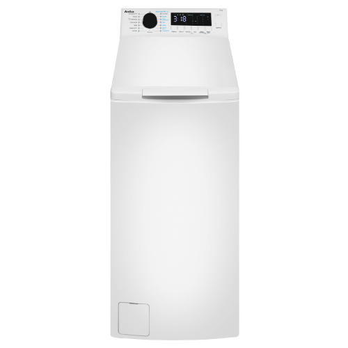 Biała pralka ładowana od góry z panelem sterowania zawierającym pokrętło i wyświetlacz cyfrowy. Na panelu widoczny jest napis \'Amica\'.