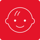 Czerwona ikona z białym konturem uśmiechniętej twarzy dziecka.