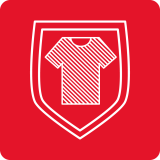 Czerwony kwadrat z białym konturem tarczy, wewnątrz której znajduje się ikona koszulki z poziomymi liniami.