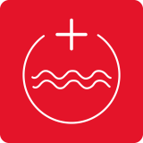 Czerwony kwadrat z białym symbolem przedstawiającym okrąg z falistą linią i plusem nad nim.