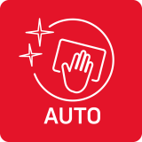 Czerwony kwadratowy symbol z białą ikoną dłoni trzymającej prostokąt oraz dwoma gwiazdkami. Pod ikoną znajduje się napis \'AUTO\'.