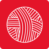 Czerwony kwadrat z białym, stylizowanym symbolem włóczki w środku.