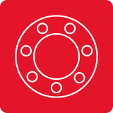 Czerwony kwadrat z białym symbolem przedstawiającym okrąg z mniejszymi okręgami wokół niego, przypominający łożysko.