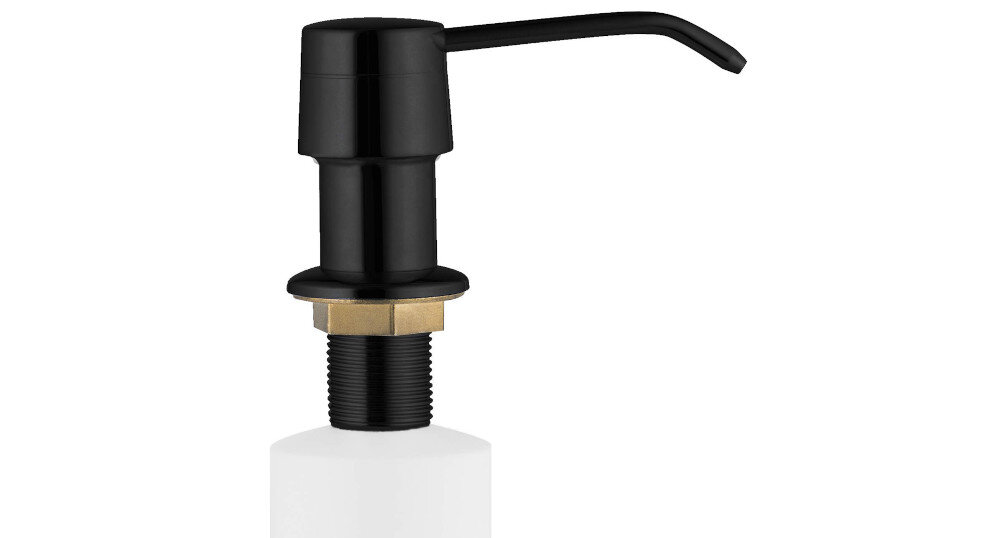 Czarno-biały dozownik do płynu do naczyń z długą wylewką i złotym elementem montażowym. Produkt ma prosty, nowoczesny design.