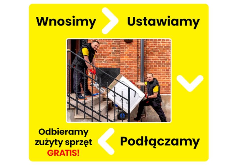 Dwóch mężczyzn wnosi pralkę po schodach. Tekst na żółtym tle: \'Wnosimy\', \'Ustawiamy\', \'Podłączamy\', \'Odbieramy zużyty sprzęt GRATIS!\'.