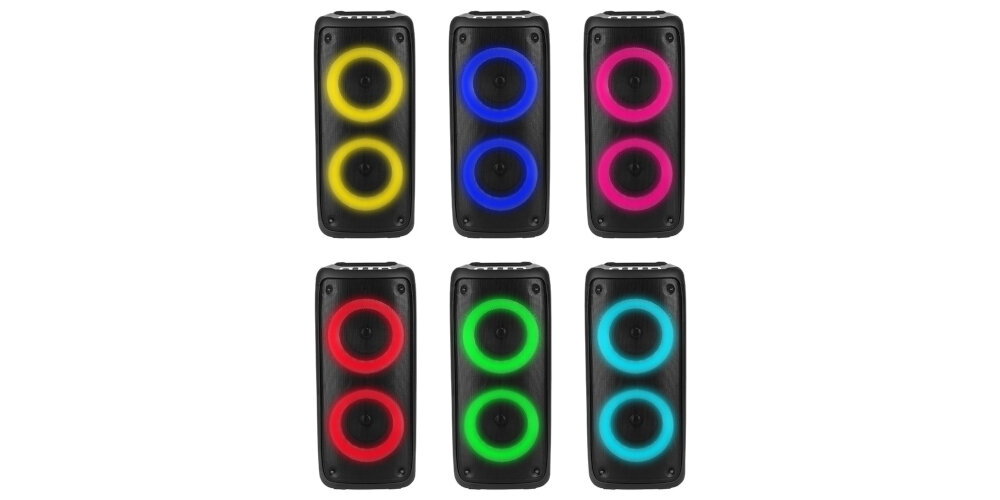 Sześć głośników z podświetlanymi pierścieniami w różnych kolorach: żółtym, niebieskim, różowym, czerwonym, zielonym i turkusowym. Każdy głośnik ma dwa okrągłe elementy z podświetleniem na czarnej obudowie.