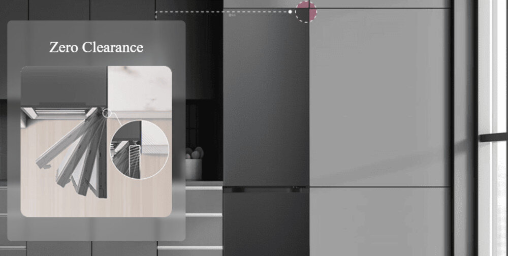 LODÓWKA LG GBBSJ2CCEP Grafika przedstawia zabudowaną lodówkę LG w eleganckiej, szarej kuchni z dużym, jasnym oknem po prawej stronie. Po lewej stronie umieszczono półprzezroczysty panel z napisem „Zero Clearance” i ilustracją otwierających się drzwi chłodziarki, podkreślającą możliwość pełnego wysuwania szuflad bez konieczności zachowywania dodatkowego odstępu od ściany czy mebli Zero Clearance lodówka przy ścianie zawiasy Zero Clearance