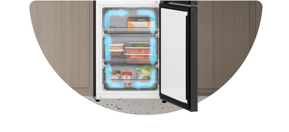 LODÓWKA LG GBBSJ2CCEP Dolna część otwartej zamrażarki lodówki LG, z trzema przezroczystymi szufladami wypełnionymi produktami mrożonymi. Niebieskie strzałki wewnątrz komory ilustrują cyrkulację chłodnego powietrza, podkreślając równomierne mrożenie we wszystkich strefach Multi Air Flow LG równomierna cyrkulacja powietrza bezszronowa technologia brak szronu koniec rozmrażania świeżość produktów technologia chłodzenia LG