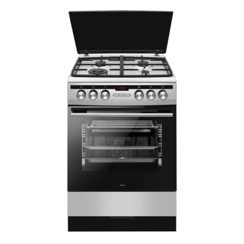 Kuchnia gazowo-elektryczna z czterema palnikami i piekarnikiem z drabinkami oraz prowadnicami teleskopowymi. Na panelu sterowania widoczne są pokrętła i wyświetlacz cyfrowy z czerwonymi cyframi.
