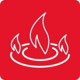 Czerwony kwadrat z białym symbolem płomienia nad okręgiem, sugerującym palnik gazowy.