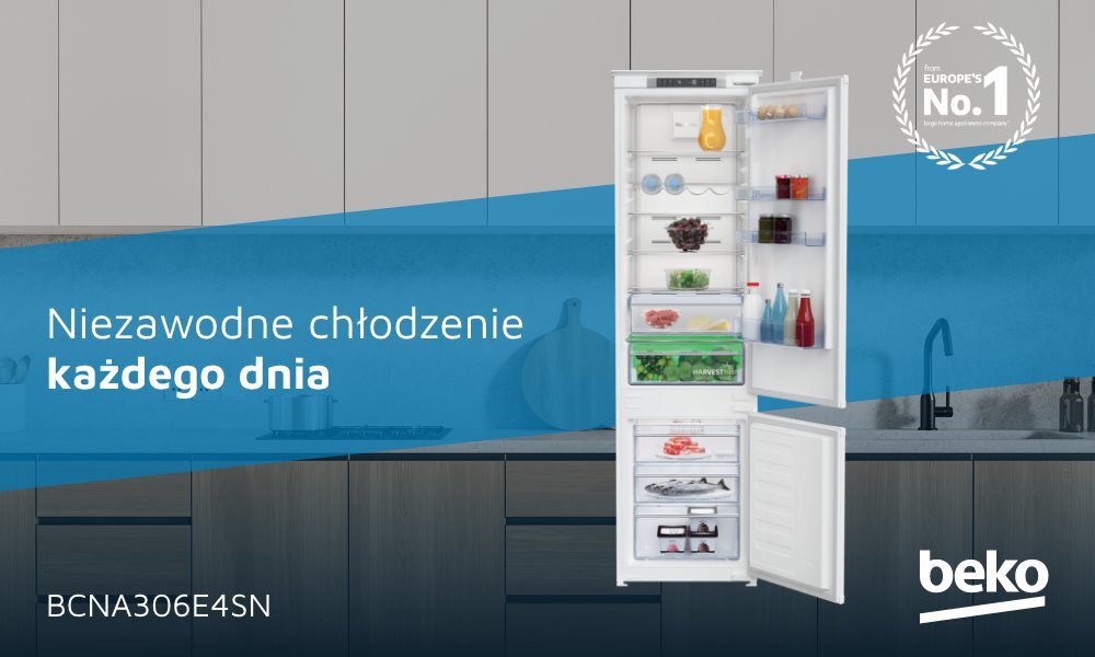 Na obrazie widoczna jest otwarta lodówka z różnymi produktami spożywczymi na półkach. Na niebieskim tle znajduje się tekst: \'Niezawodne chłodzenie każdego dnia\', a w dolnym rogu logo \'beko\'.