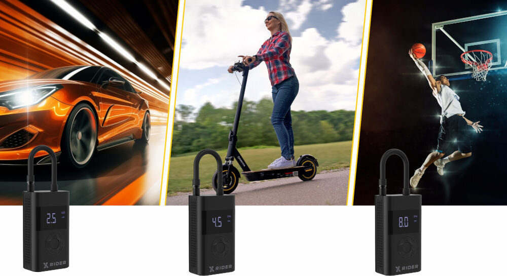 Obraz przedstawia trzy sceny: samochód w ruchu, osobę na hulajnodze oraz osobę grającą w koszykówkę. Na dole widoczne są trzy pompki rowerowe XRIDER z wyświetlaczami pokazującymi wartości 2.5, 4.5 i 8.0.